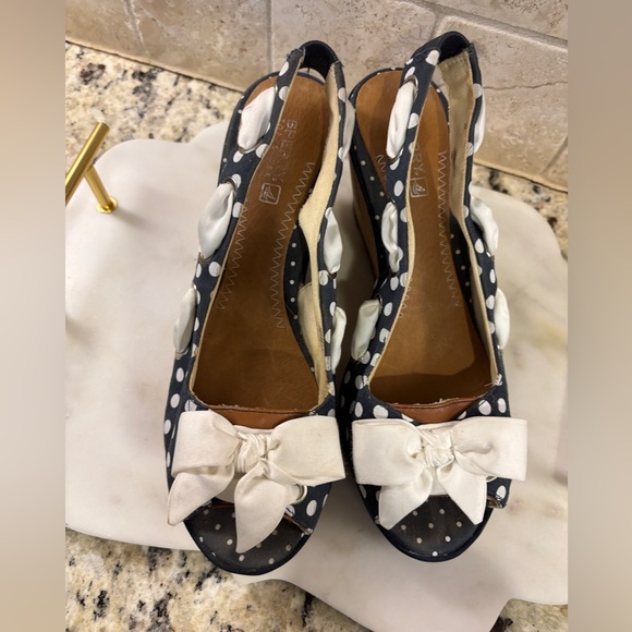 Sperry Polka Dot Bow Open Toe Cork Heel Wedge - Picture 7 of 16